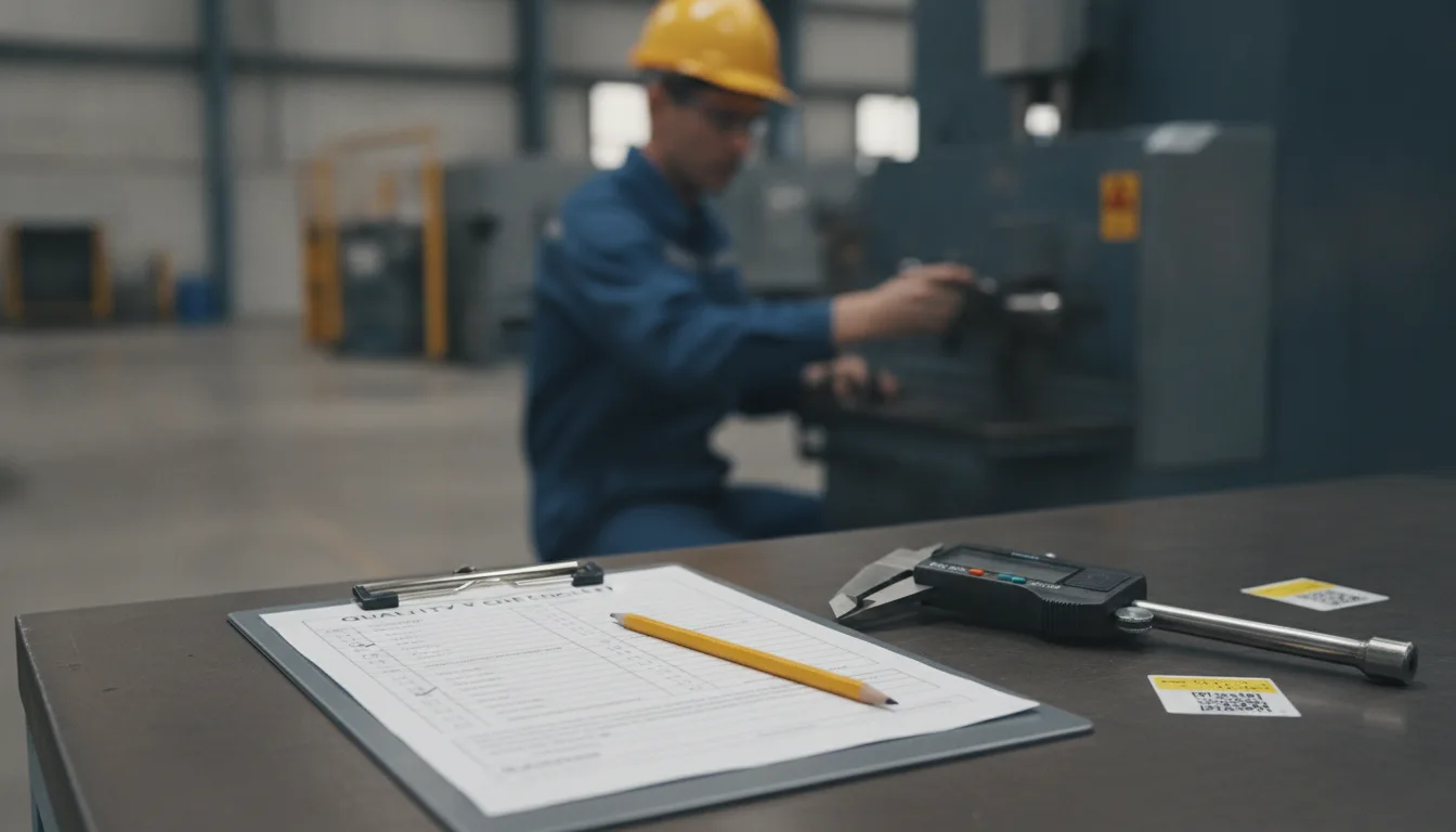 Arbeitsplatz in der Fertigung mit Checkliste und kalibrierten Prüfmitteln für Layered Process Audit