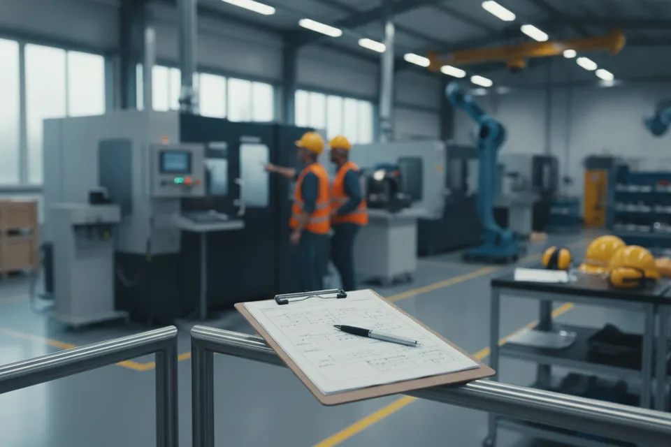 Arbeitsplatz in Produktionshalle mit Sicherheitsausrüstung und Dokumentationsunterlagen für Gefährdungsbeurteilung