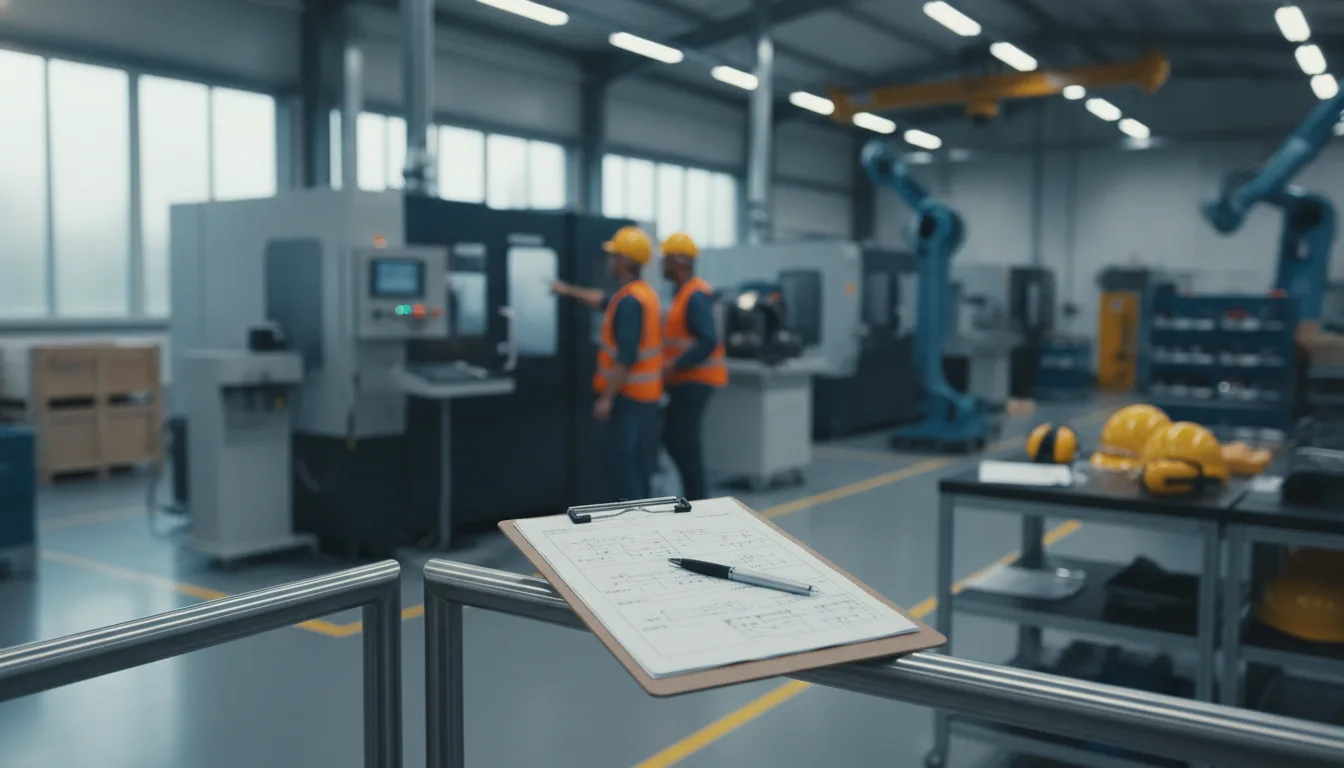 Arbeitsplatz in Produktionshalle mit Sicherheitsausrüstung und Dokumentationsunterlagen für Gefährdungsbeurteilung