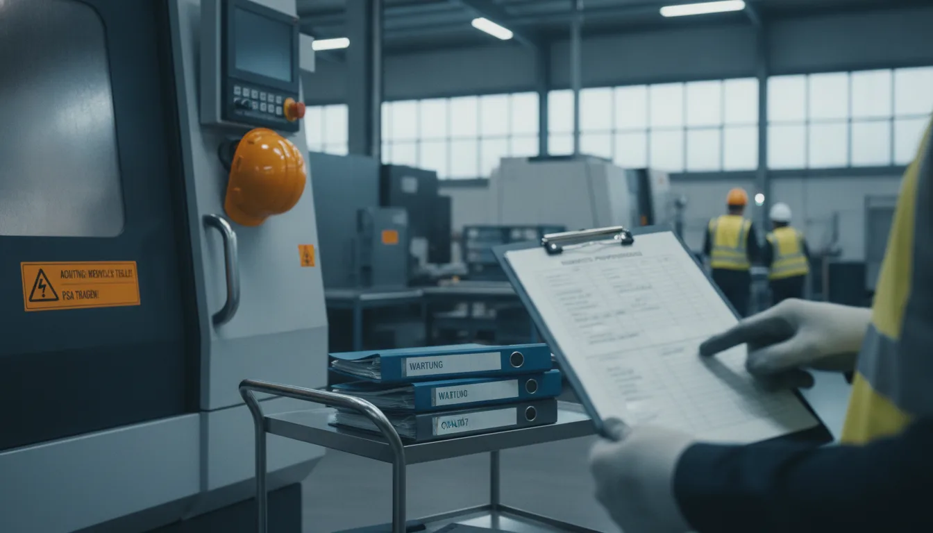Arbeitsschutz-Dokumentation und Sicherheitsausrüstung in einer Produktionshalle