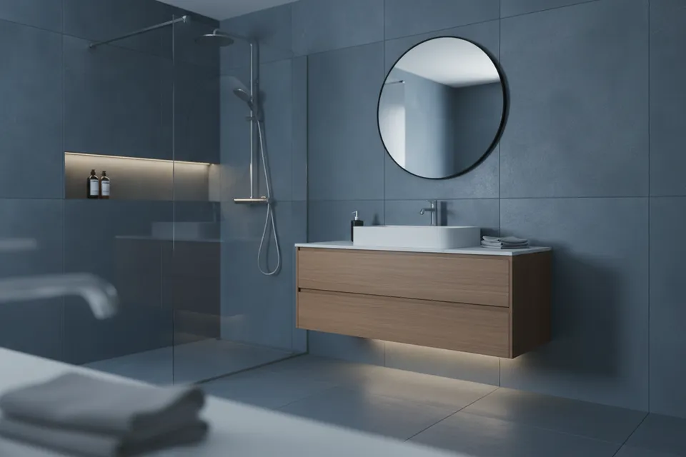 Frisch saniertes modernes Badezimmer mit großformatigen grauen Fliesen, bodengleicher Dusche und Waschtisch