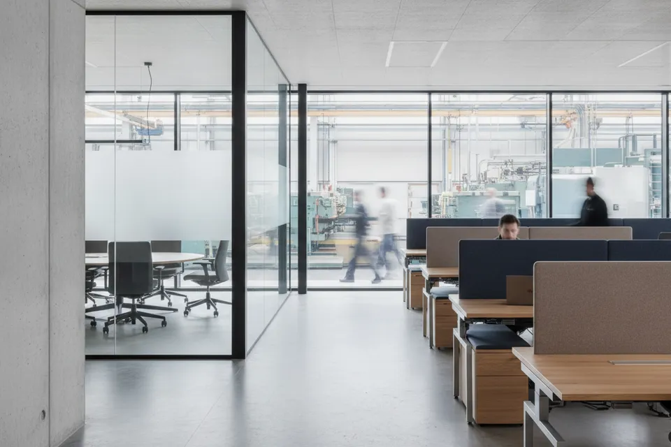 Modernes Großraumbüro in einem Industrieunternehmen mit Blick durch Glaswände in die Produktionshalle