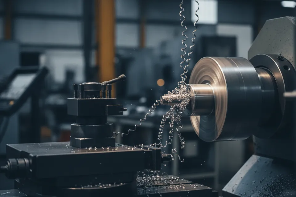 CNC-Drehmaschine bei der Bearbeitung einer Stahlwelle mit Wendeschneidplatte