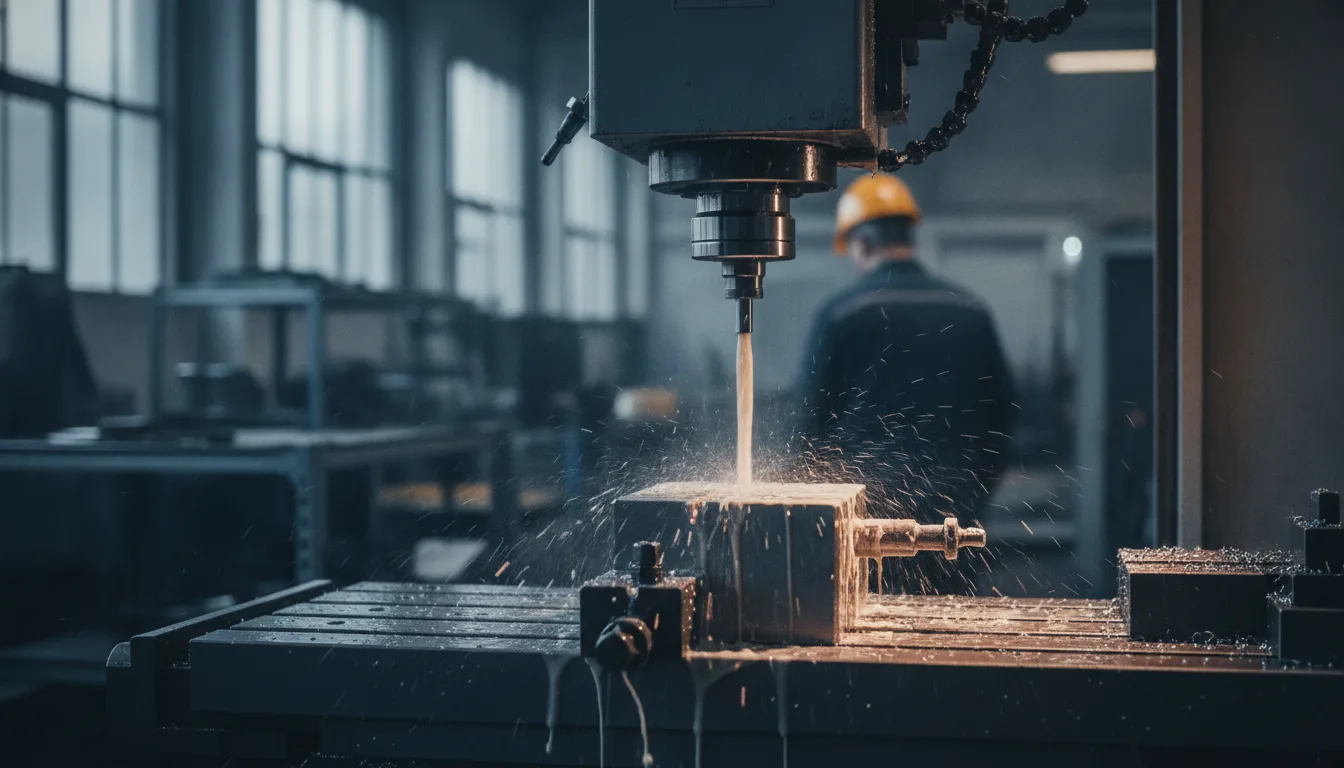 CNC-Fräsmaschine bei der Metallbearbeitung mit Kühlmittel und Spanbildung