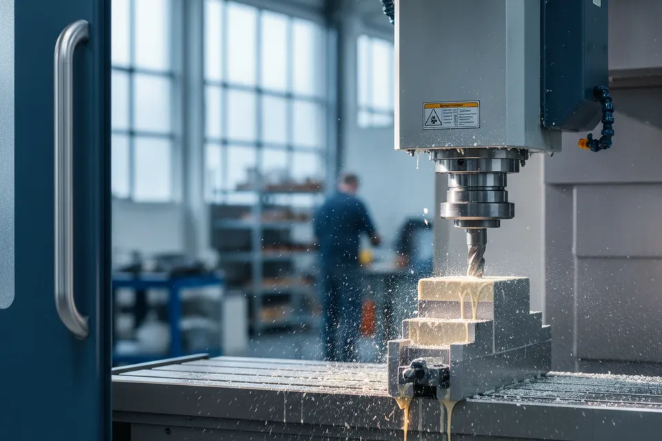 CNC-Fräsmaschine bei der Metallbearbeitung mit rotierendem Fräswerkzeug und Kühlmittel