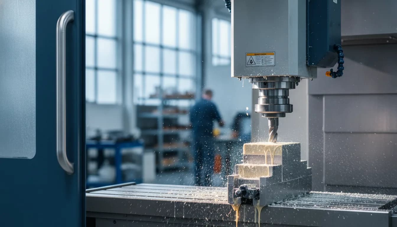 CNC-Fräsmaschine bei der Metallbearbeitung mit rotierendem Fräswerkzeug und Kühlmittel