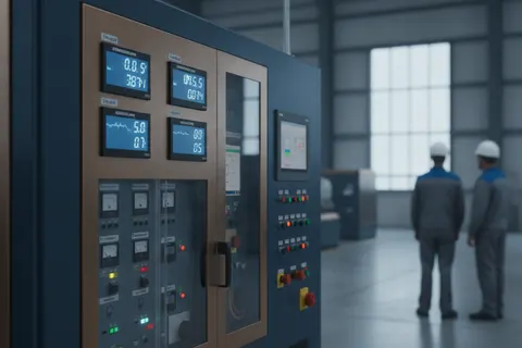 Energiemanagementsystem mit digitalen Anzeigen und Messgeräten in einer Produktionshalle