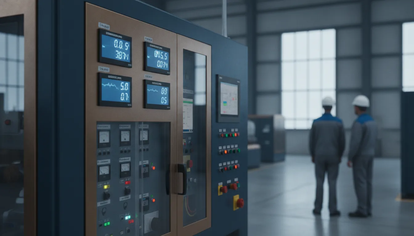 Energiemanagementsystem mit digitalen Anzeigen und Messgeräten in einer Produktionshalle
