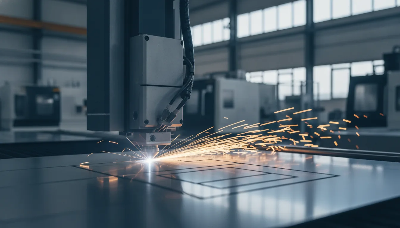 Faserlaser schneidet Edelstahlblech mit präzisem Laserstrahl in moderner Fertigungsanlage