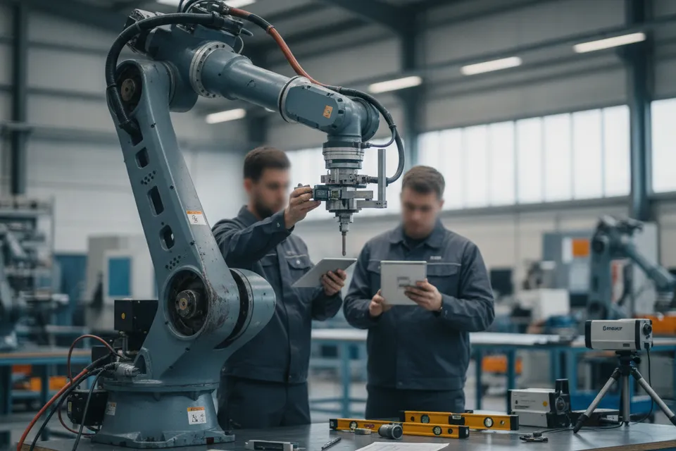 Gebrauchter Industrieroboter in Werkstatt bei technischer Prüfung mit Messwerkzeugen