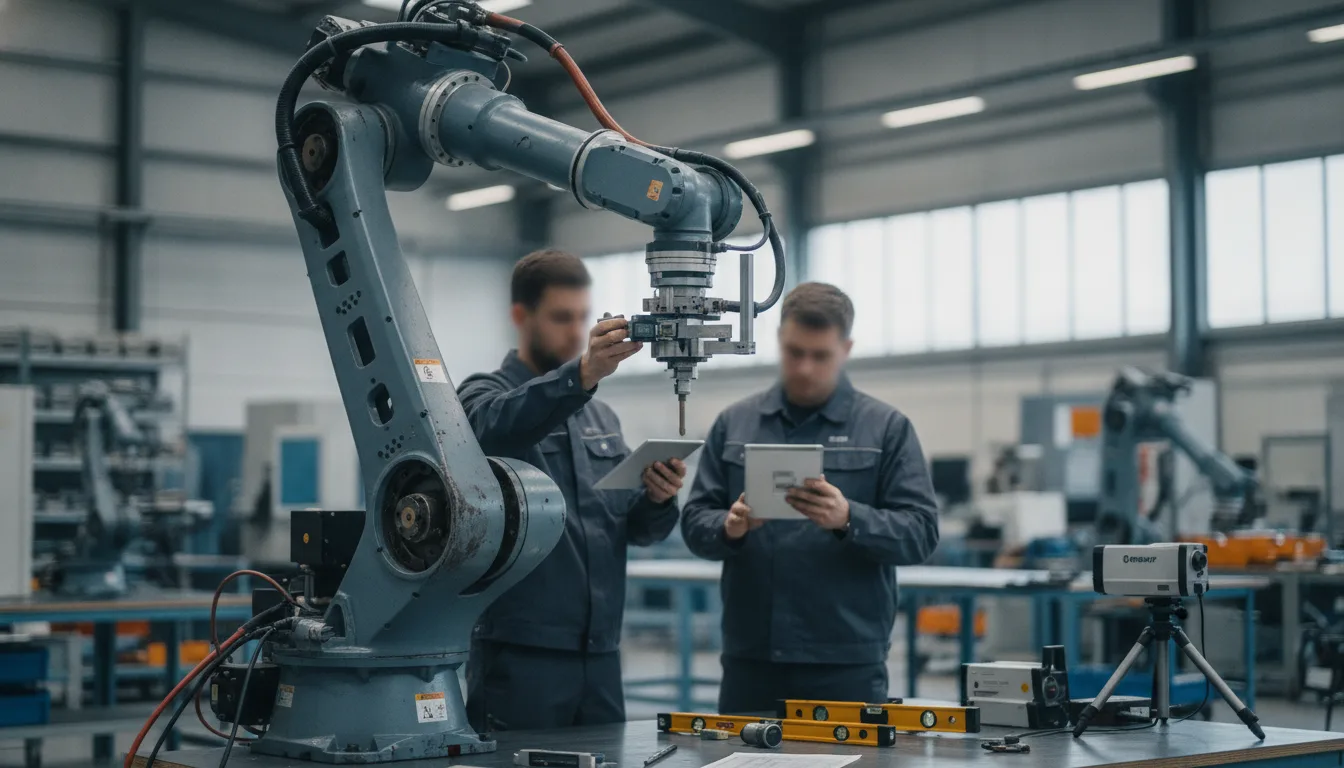Gebrauchter Industrieroboter in Werkstatt bei technischer Prüfung mit Messwerkzeugen