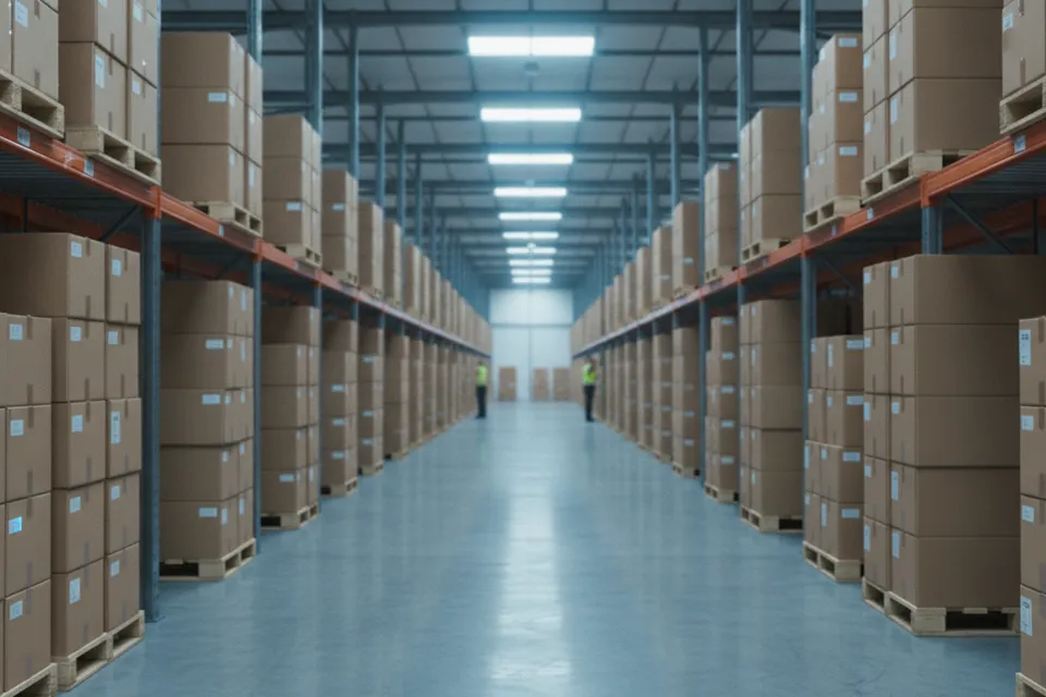 Industrielle Lagerhalle mit Lieferketten-Logistik, symbolisch für Lieferkettengesetz und Sorgfaltspflichten