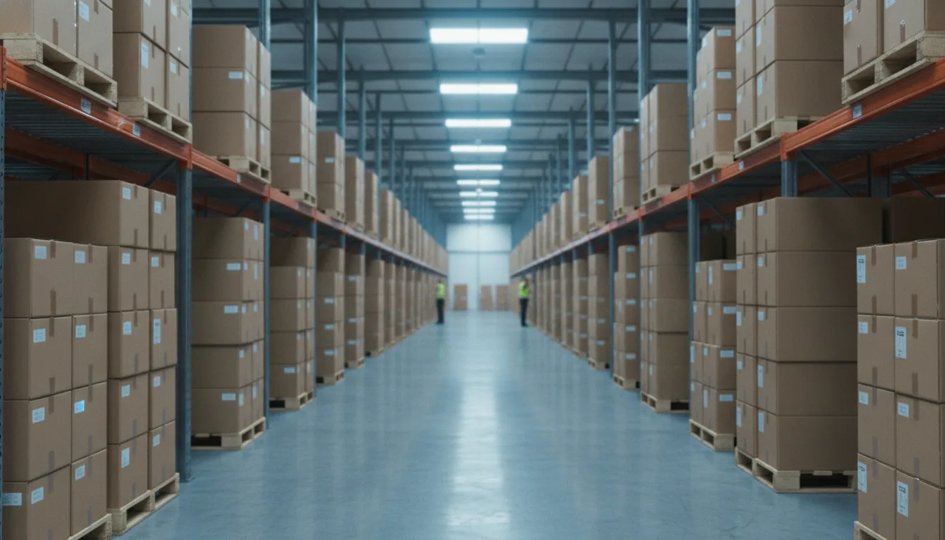 Industrielle Lagerhalle mit Lieferketten-Logistik, symbolisch für Lieferkettengesetz und Sorgfaltspflichten