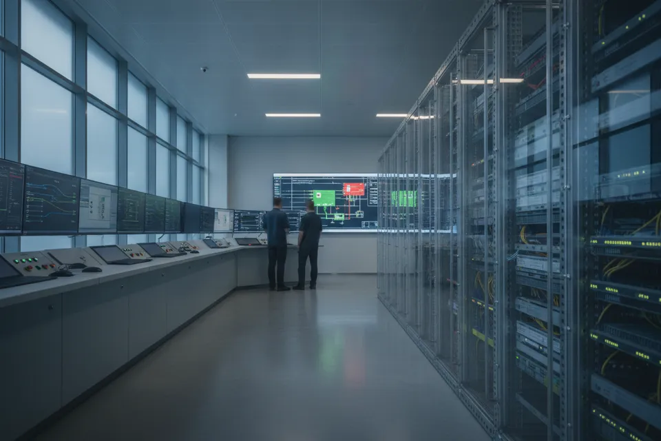 Industrielle Leitwarte mit SCADA-Systemen und Netzwerk-Segmentierung nach IEC 62443