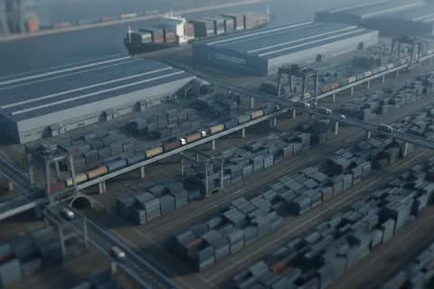 Industrielle Lieferkette mit Produktionsanlagen, Containern und Transportfahrzeugen zur Darstellung von Scope 3 Emissionen