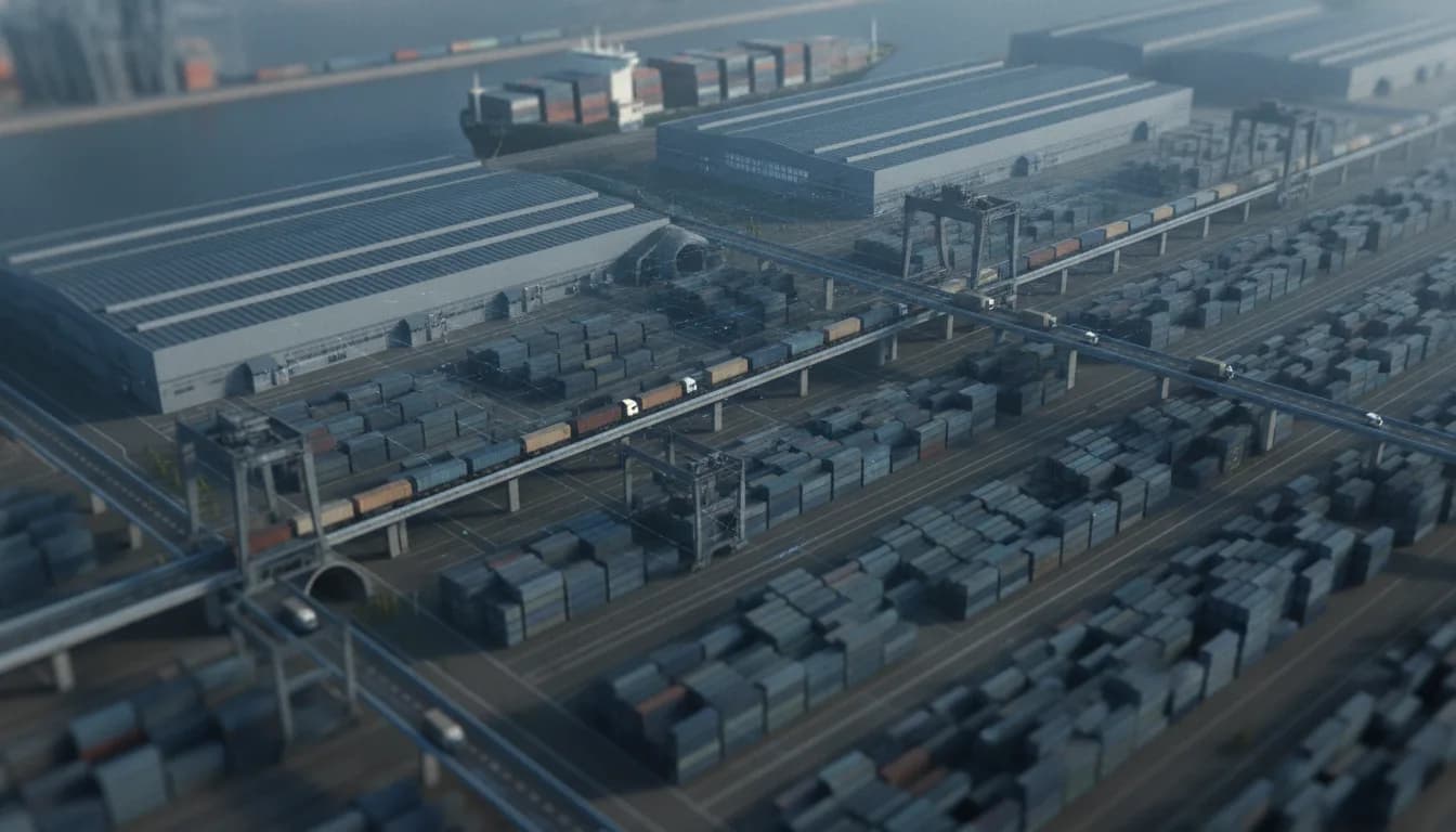 Industrielle Lieferkette mit Produktionsanlagen, Containern und Transportfahrzeugen zur Darstellung von Scope 3 Emissionen