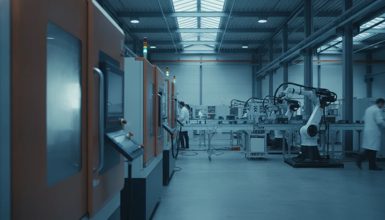 Industrielle Produktionshalle mit CNC-Maschinen und Fertigungsanlagen, die unter die NIS2-Richtlinie fallen können