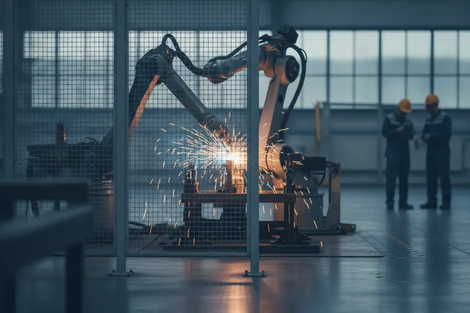 Industrieroboter beim Schweißen in einer modernen Fertigungshalle mit Schutzzaun