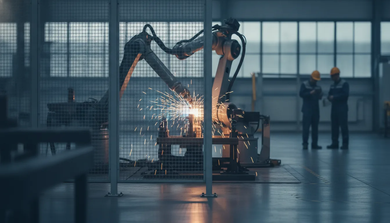 Industrieroboter beim Schweißen in einer modernen Fertigungshalle mit Schutzzaun