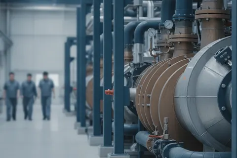 Industriewärmepumpe in Produktionshalle mit Rohrleitungen und Wärmetauschern