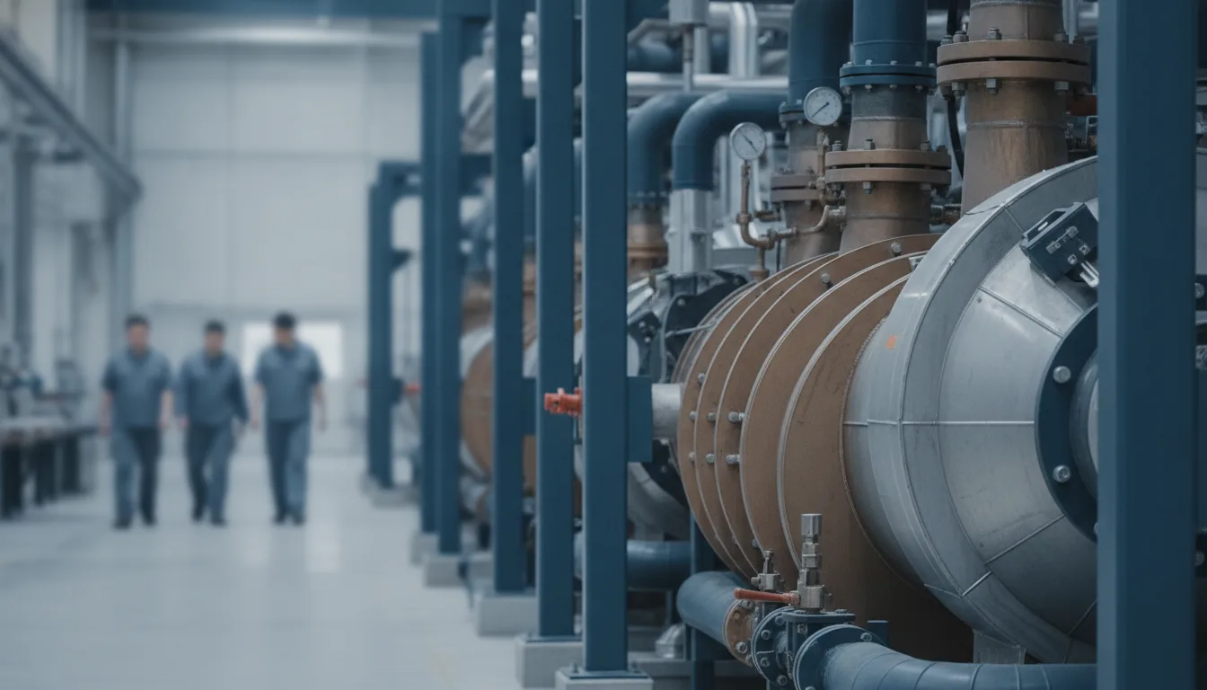 Industriewärmepumpe in Produktionshalle mit Rohrleitungen und Wärmetauschern