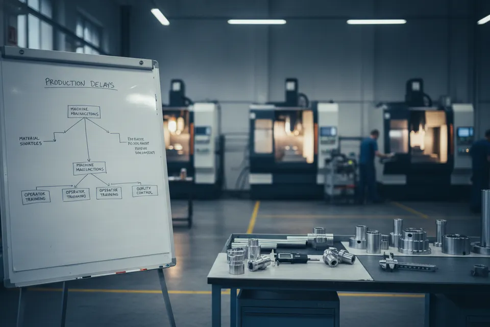 Ishikawa-Diagramm auf Whiteboard in Produktionshalle mit CNC-Maschinen und Qualitätskontrolle