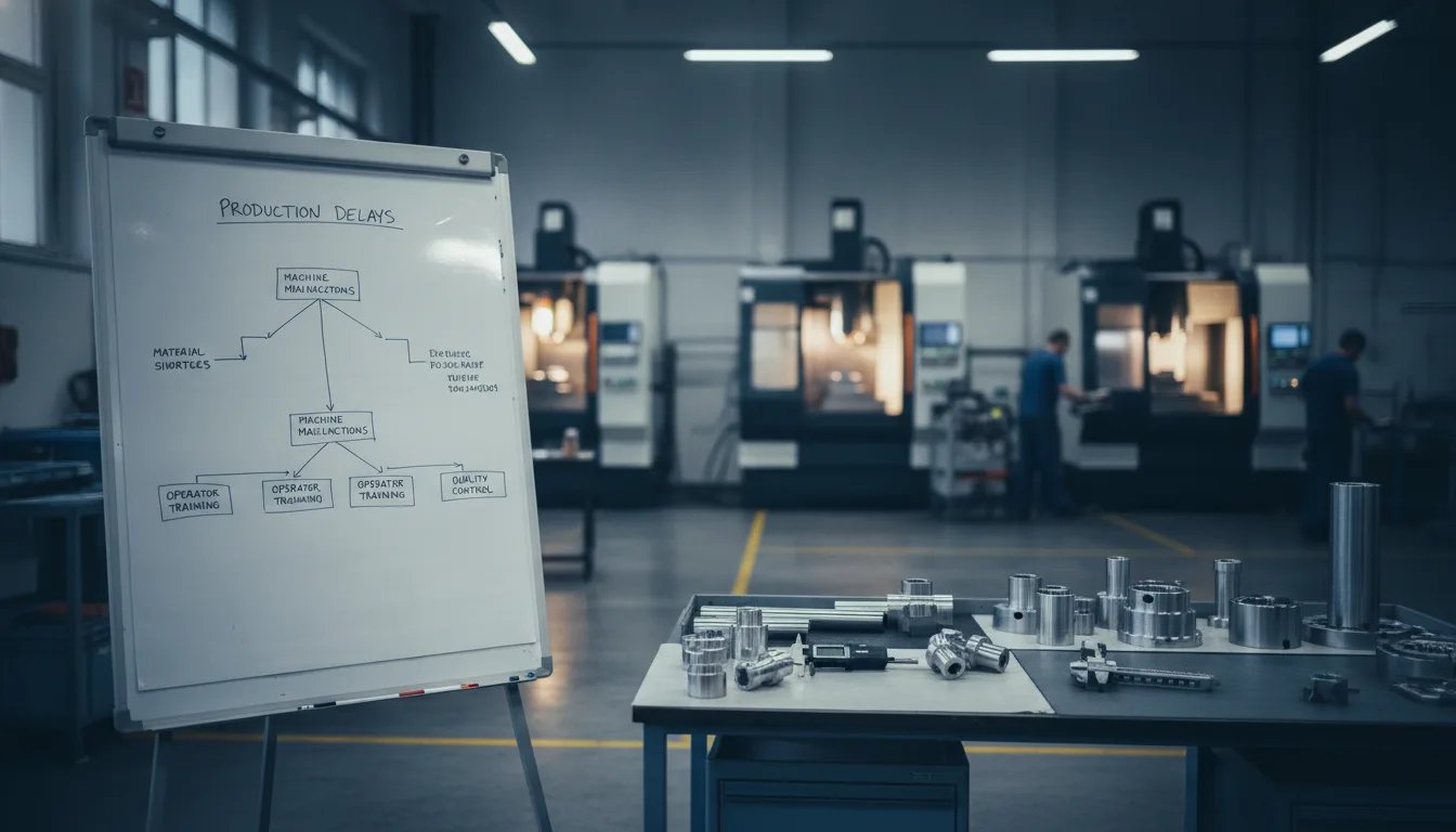 Ishikawa-Diagramm auf Whiteboard in Produktionshalle mit CNC-Maschinen und Qualitätskontrolle
