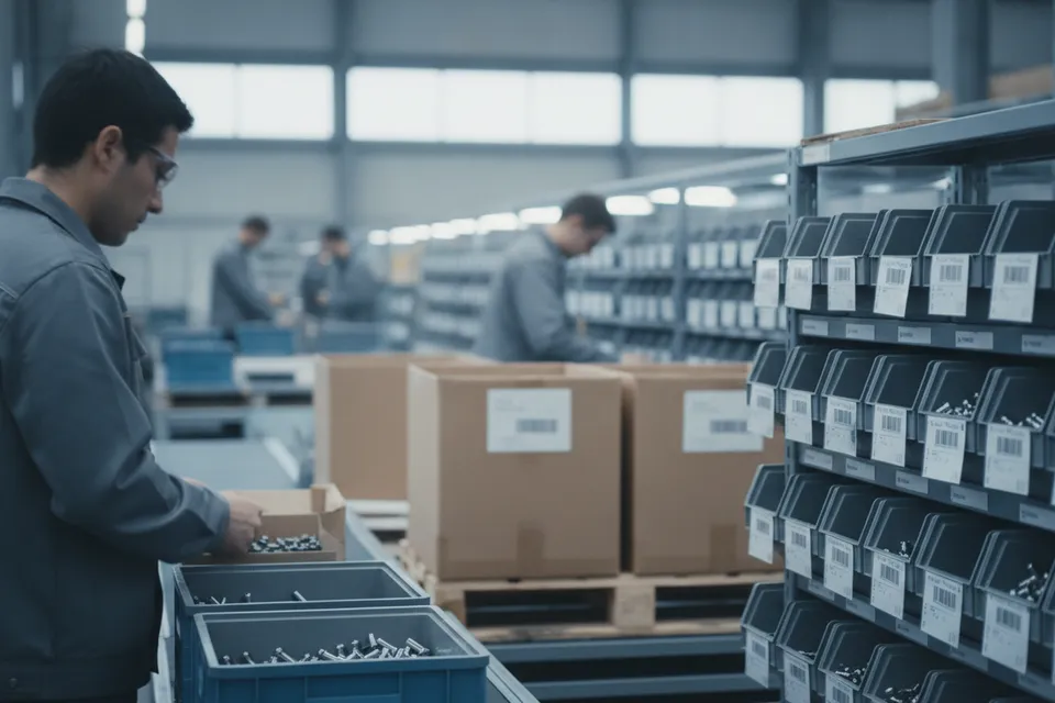 Kanban-System in der Produktion mit Behältern und Kanban-Karten an Bereitstellregalen