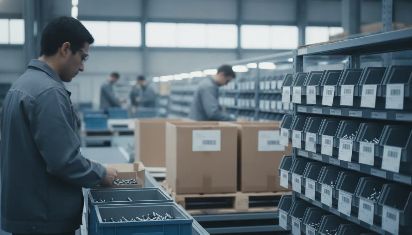 Kanban-System in der Produktion mit Behältern und Kanban-Karten an Bereitstellregalen