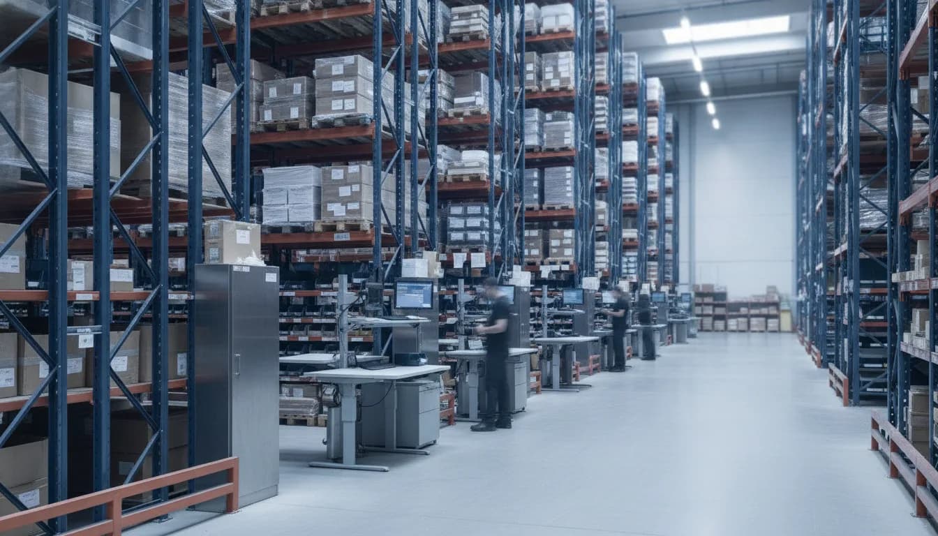 Kommissionierbereich in modernem Lager mit Regalsystemen und ergonomischen Arbeitsplätzen