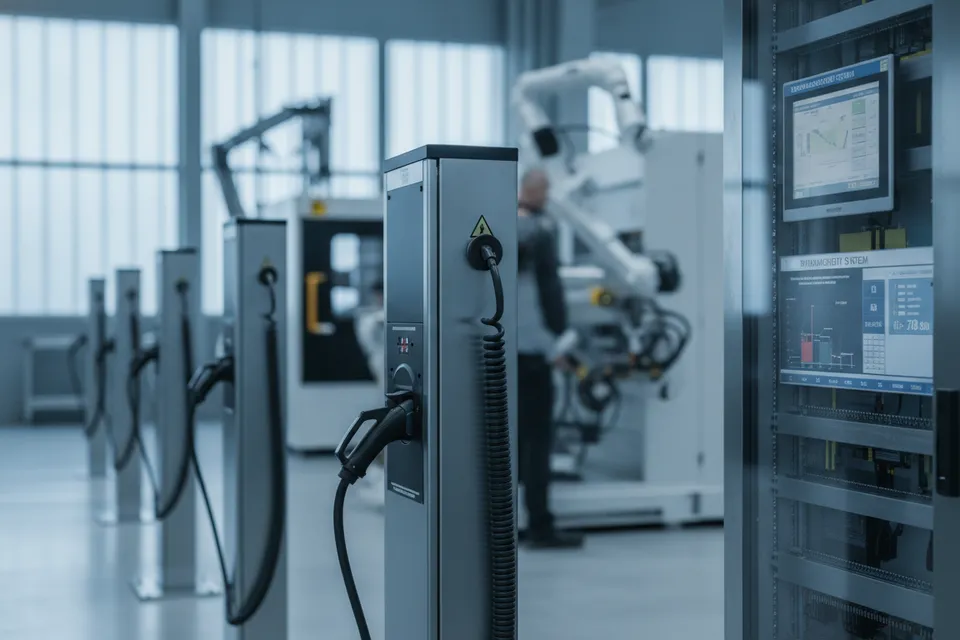 Lastmanagementsystem in Industriebetrieb mit Wallboxen und Produktionsanlagen