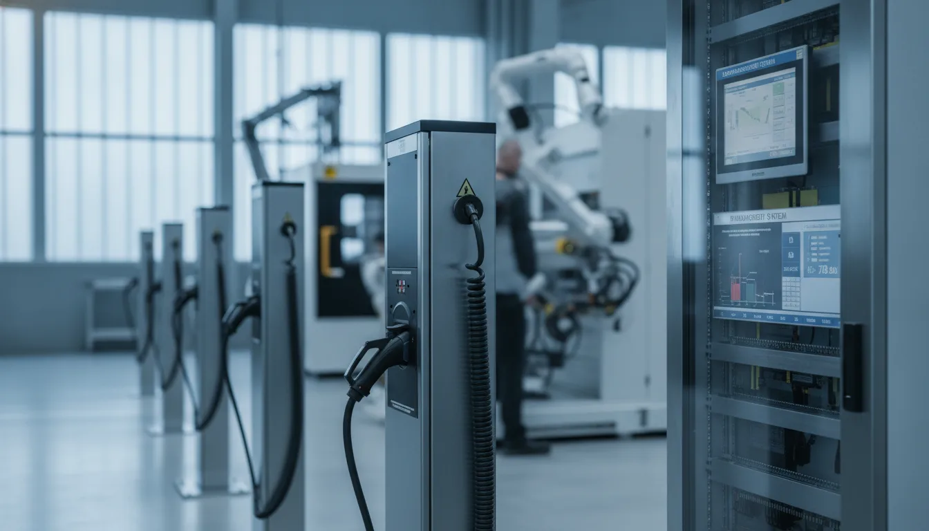 Lastmanagementsystem in Industriebetrieb mit Wallboxen und Produktionsanlagen
