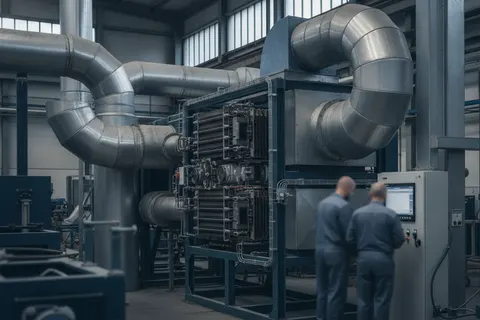 Lüftungsanlage mit Wärmerückgewinnung in Produktionshalle mit Luftkanälen und Wärmetauscher
