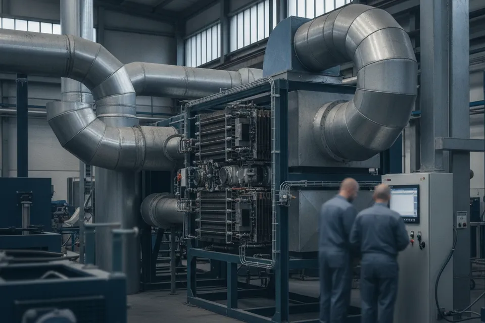Lüftungsanlage mit Wärmerückgewinnung in Produktionshalle mit Luftkanälen und Wärmetauscher