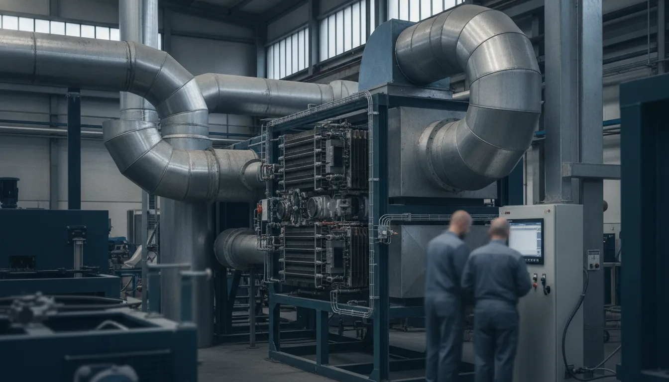 Lüftungsanlage mit Wärmerückgewinnung in Produktionshalle mit Luftkanälen und Wärmetauscher