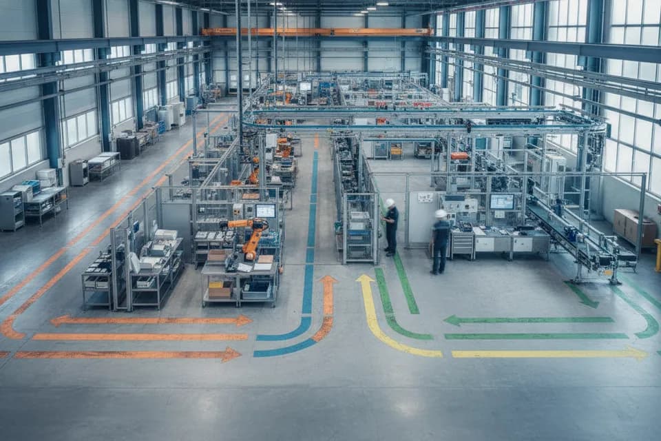 Materialflussdarstellung in einer Produktionshalle mit proportionalen Transportwegen zwischen Arbeitsstationen
