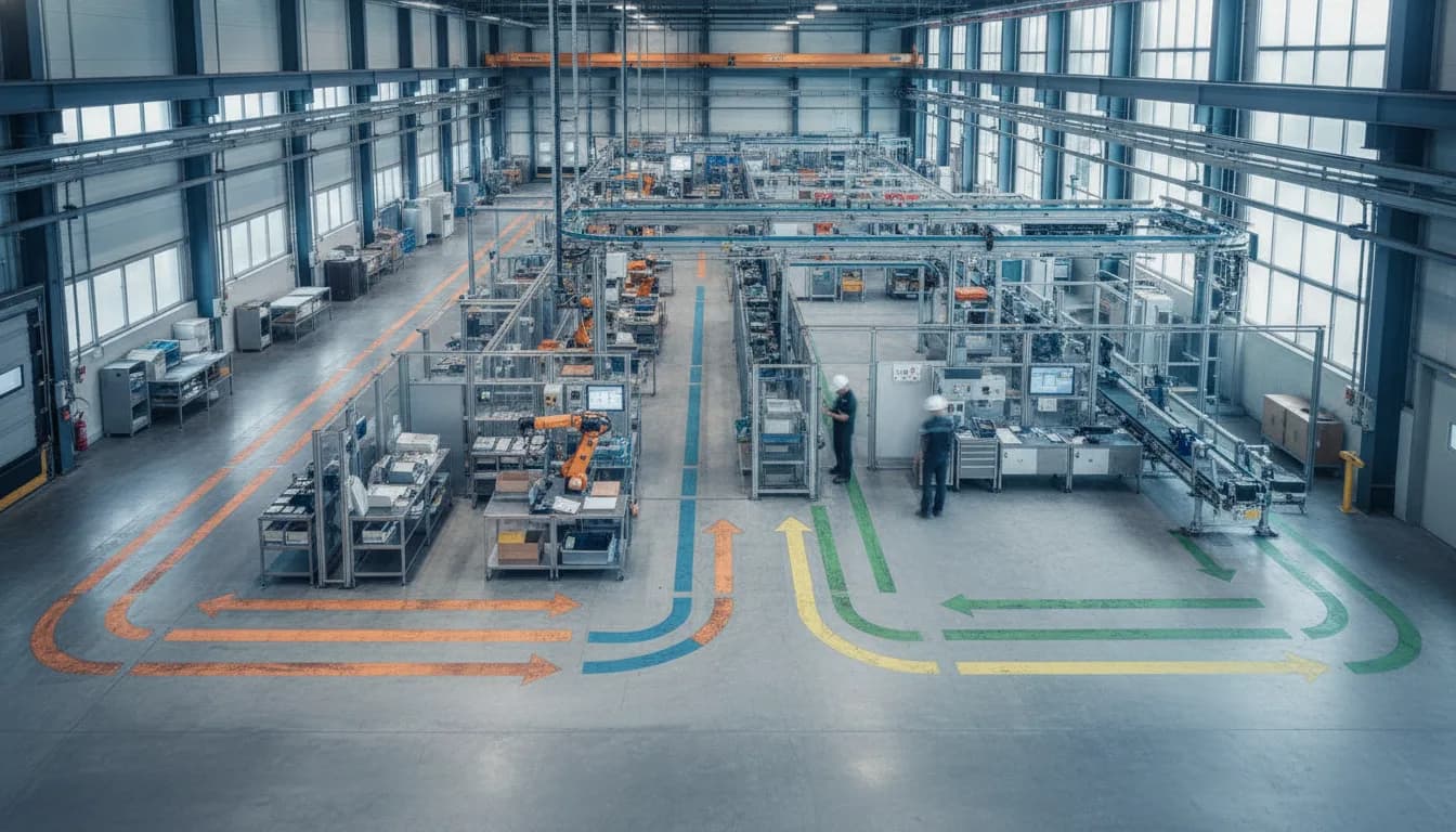 Materialflussdarstellung in einer Produktionshalle mit proportionalen Transportwegen zwischen Arbeitsstationen