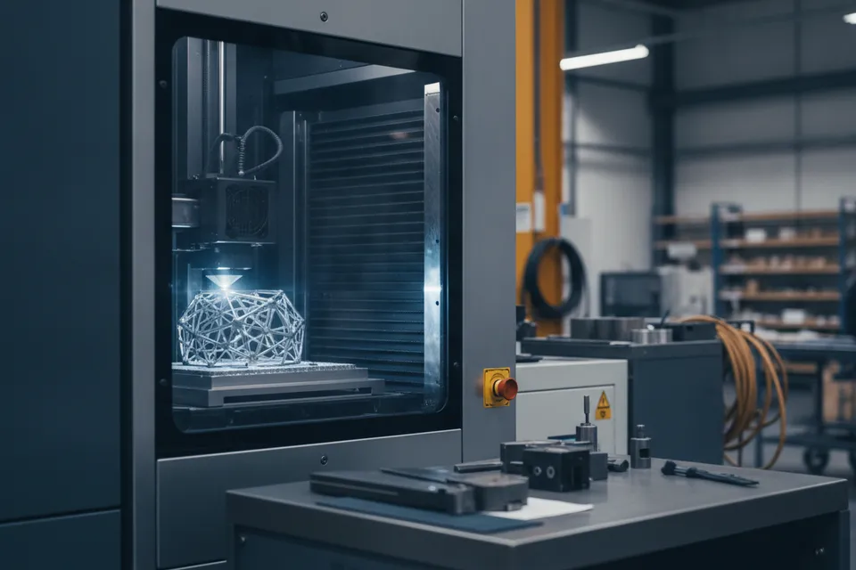 Metall-3D-Drucker mit Laserschmelzverfahren beim schichtweisen Aufbau eines Metallbauteils im Pulverbett