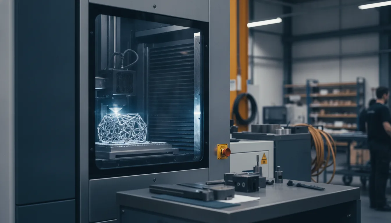 Metall-3D-Drucker mit Laserschmelzverfahren beim schichtweisen Aufbau eines Metallbauteils im Pulverbett