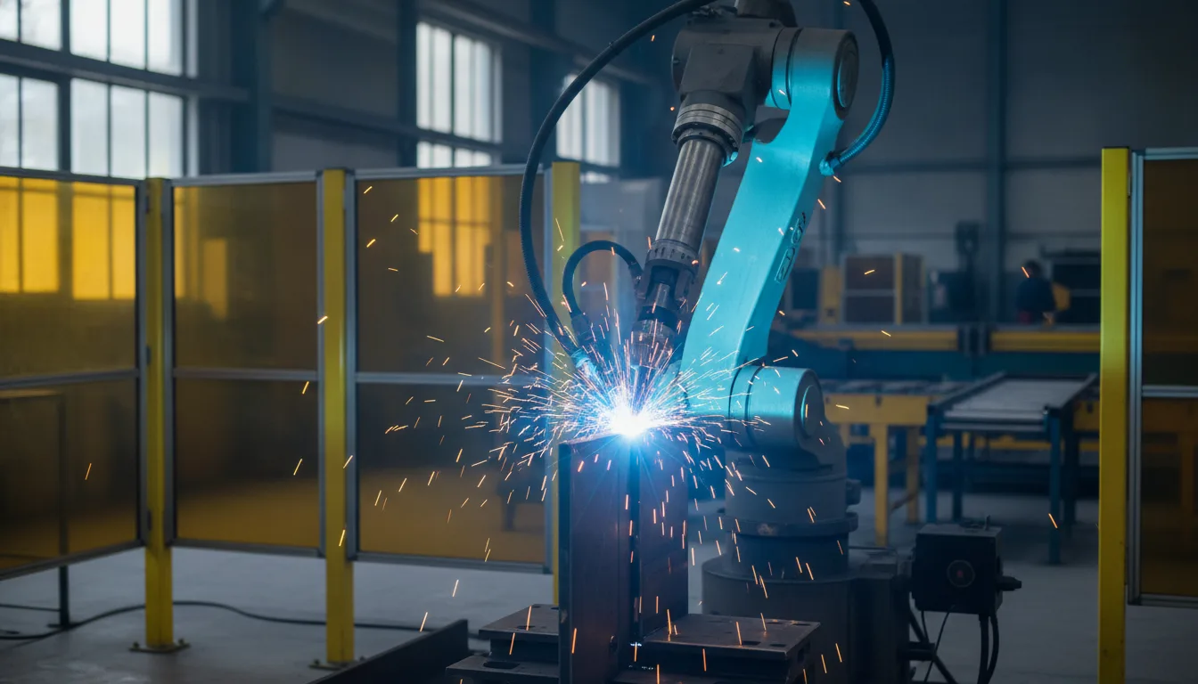 MIG-Schweißroboter beim Schweißen eines Stahlbauteils in einer modernen Fertigungshalle
