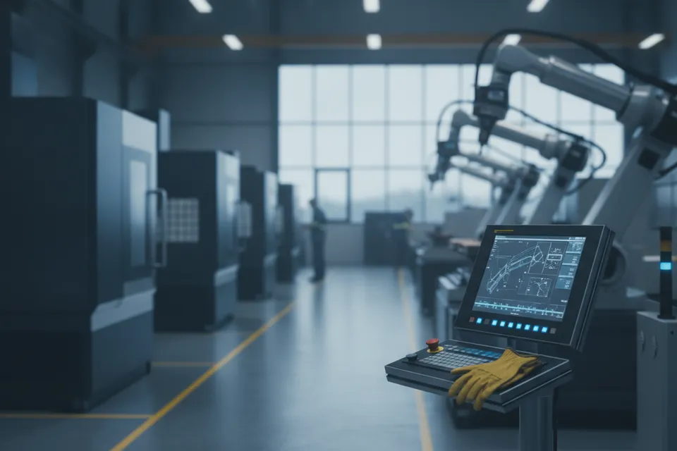 Moderne Produktionshalle mit CNC-Maschinen und Roboterarmen unter der EU-Maschinenverordnung 2023/1230