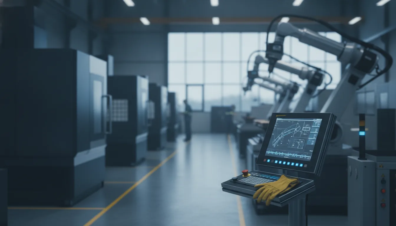 Moderne Produktionshalle mit CNC-Maschinen und Roboterarmen unter der EU-Maschinenverordnung 2023/1230