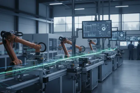 Moderne Produktionshalle mit vernetzten Maschinen und digitalen Anzeigesystemen für Echtzeit-Fertigungsdaten
