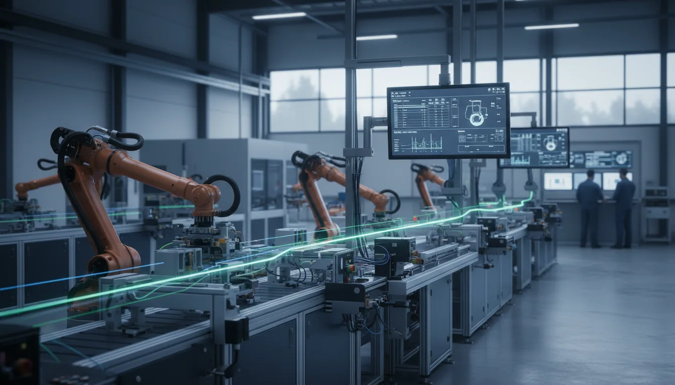 Moderne Produktionshalle mit vernetzten Maschinen und digitalen Anzeigesystemen für Echtzeit-Fertigungsdaten