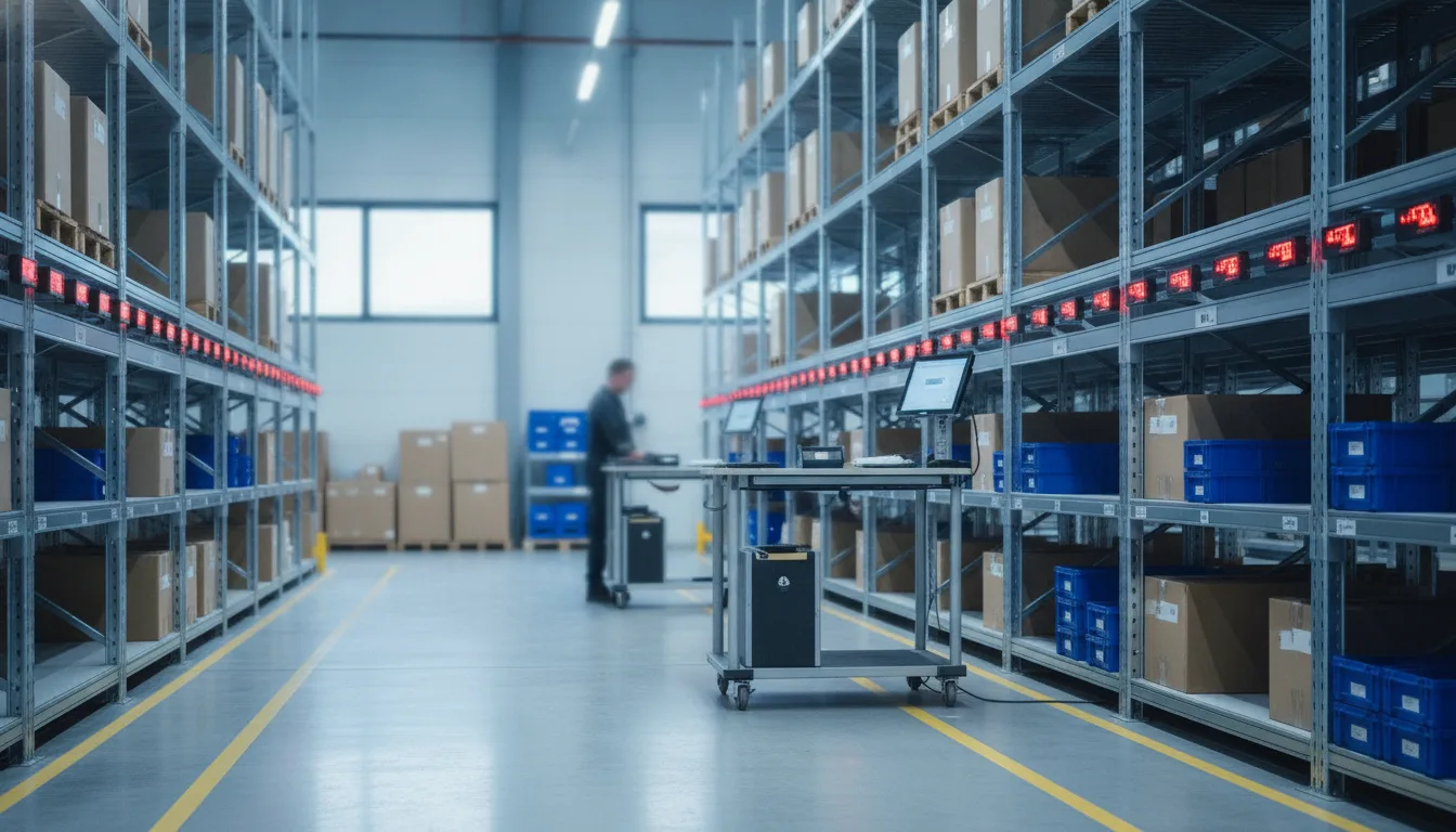 Modernes Kommissionierlager mit Regalsystemen, mobilen Datenerfassungsgeräten und Pick-by-Light-Anzeigen