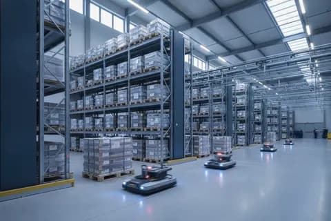 Modernes Lager mit fahrerlosen Transportsystemen und automatisierter Fördertechnik in der Intralogistik