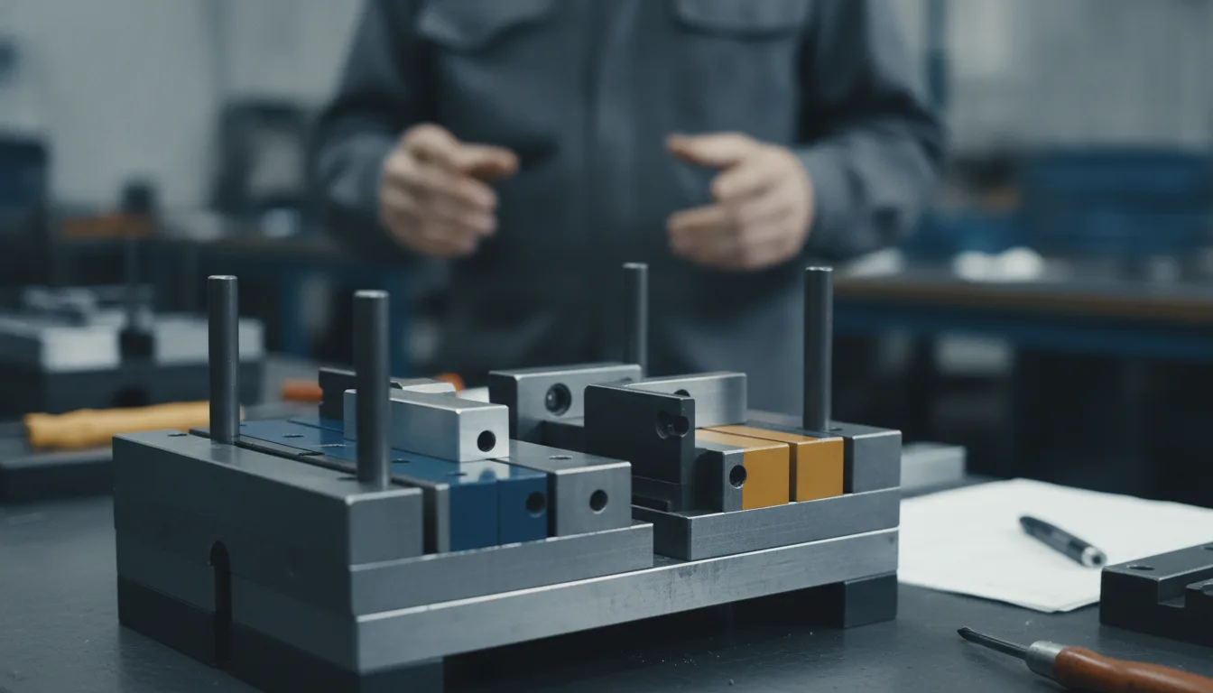 Montagevorrichtung mit asymmetrischen Passstiften und farbcodierten Bauteilen als Poka-Yoke-Beispiel in der Produktion