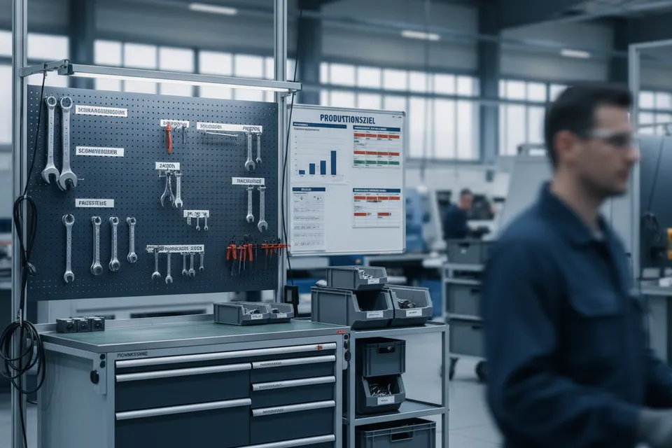 Organisierter Arbeitsplatz in der Produktion nach 5S-Methode mit beschrifteten Werkzeugtafeln und Visualisierungsboards