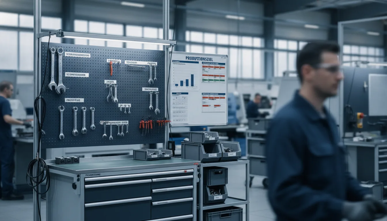 Organisierter Arbeitsplatz in der Produktion nach 5S-Methode mit beschrifteten Werkzeugtafeln und Visualisierungsboards