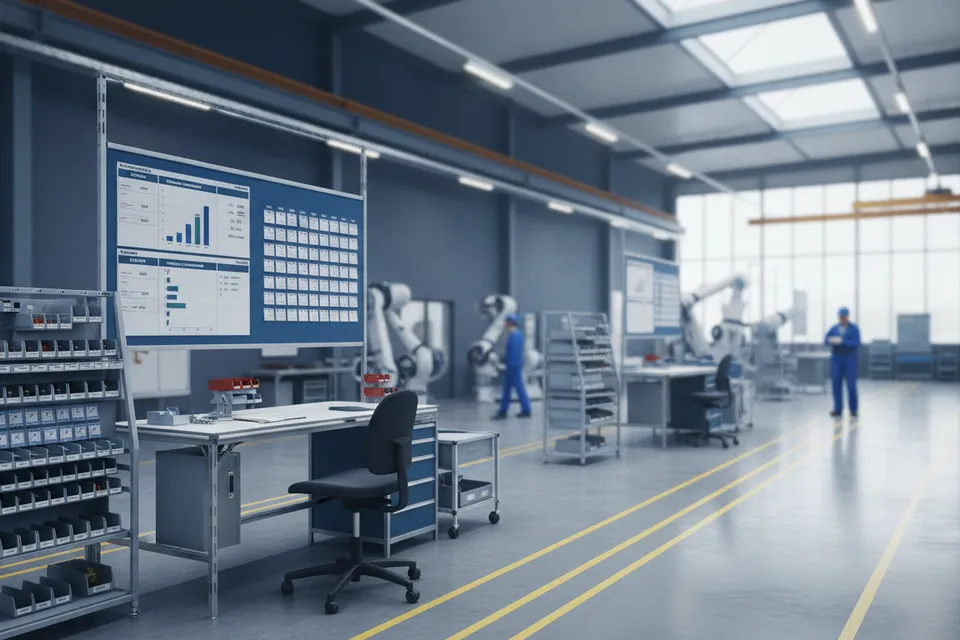 Organisierter Produktionsbereich mit Shopfloor-Management-Board, Kanban-System und 5S-Kennzeichnung